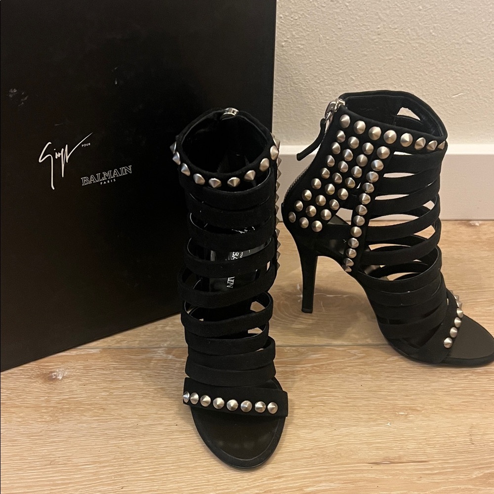 Balmain Black Strappy Suede Heels with Grommet Stud Details Size 36